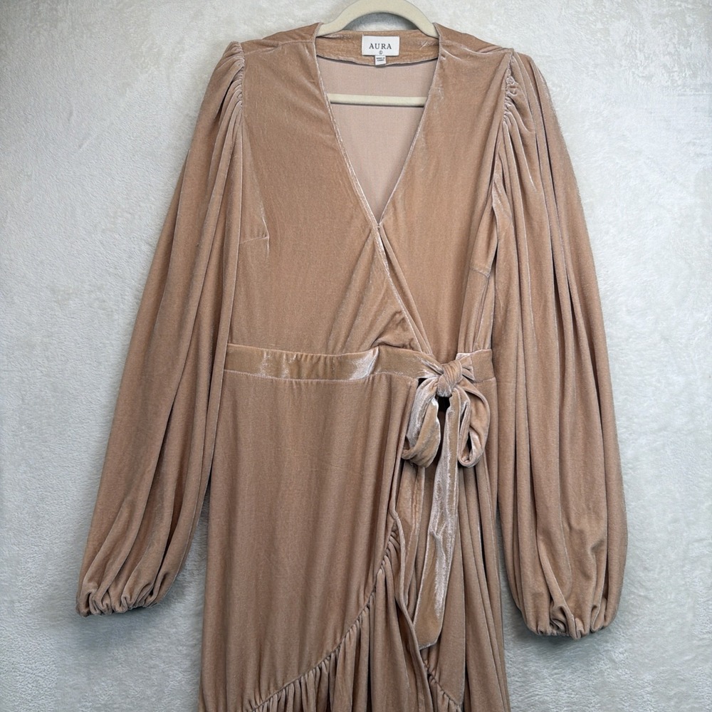 Aura Velvet Wrap Maxi Dress Women L Beige Ruffle Long Sleeve Wedding Guest